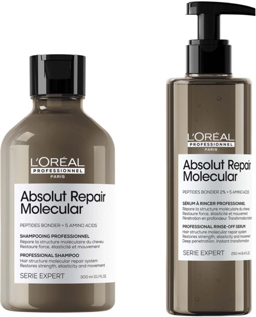 Zwei Haarpflegeprodukte von L'Oréal, Shampoo und Serum, in braunen Flaschen mit weißen Etiketten.