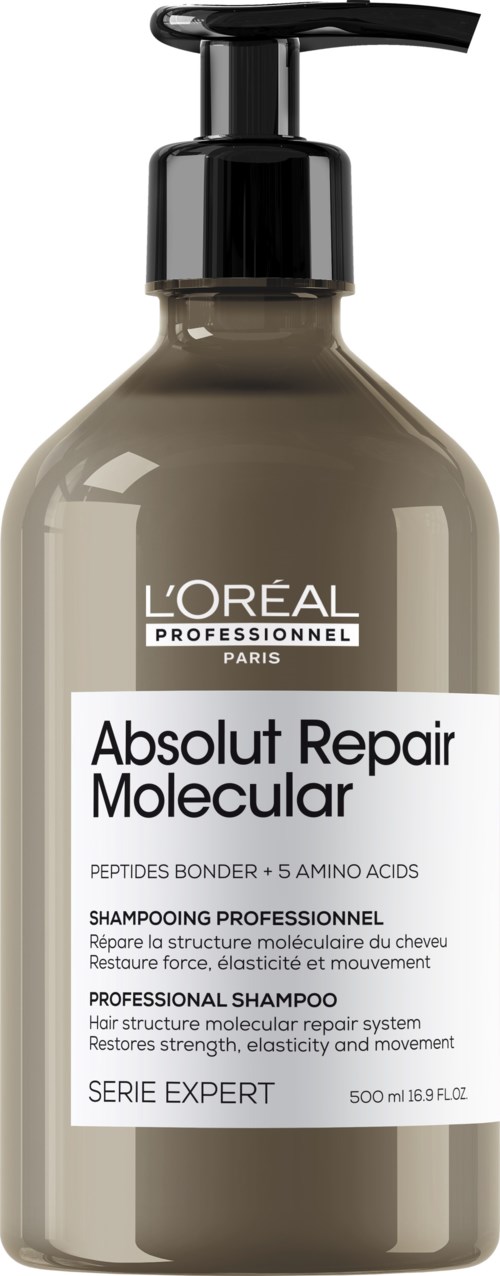 Eine beigefarbene Flasche mit schwarzem Pumpkopf, beschriftet mit L'Oréal Absolut Repair Molecular Shampoo.