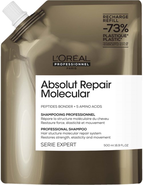 Ein L'Oréal-Shampoo-Nachfüllpackung mit Silber- und Weißdesign, zeigt den Produktnamen und Details.