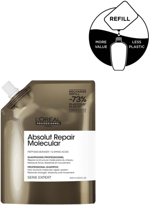 Eine Nachfüllpackung für Shampoo von L'Oréal, mit dem Label 'Absolute Repair Molecular', und einem Diagramm, das weniger Plastik und mehr Wert zeigt.