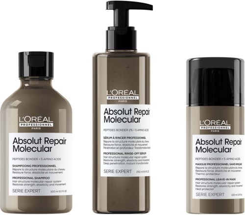 Drei L'Oréal-Haarpflegeprodukte: Shampoo, Reparaturserum und Leave-in-Maske, alle aus der Absolut Repair Molecular-Serie.