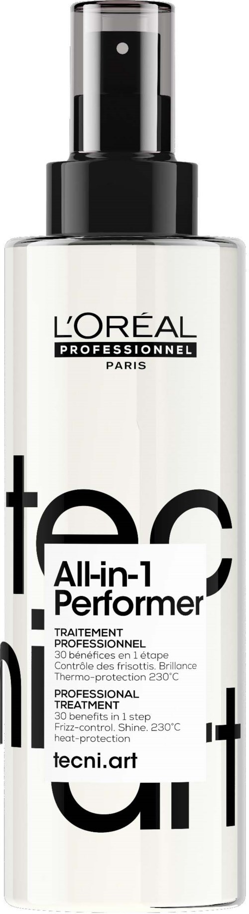 A white spray bottle with black text, labeled 'L'Oréal Professionnel' and 'All-in-1 Perfomer,' for hair treatment.