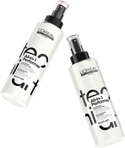 Two white spray bottles with black caps and labels, labeled L'Oréal Professionnel, are shown. They appear to be hair or skincare products.
