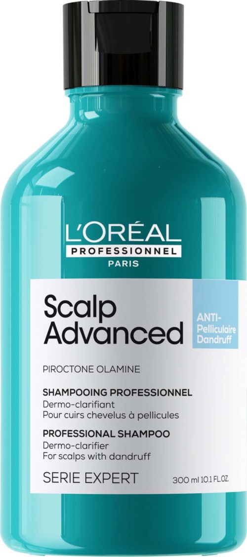 Blaue Flasche mit L'Oreal Kopfhaut-Shampoo bei Schuppen, professionelle Verwendung, 300 ml.