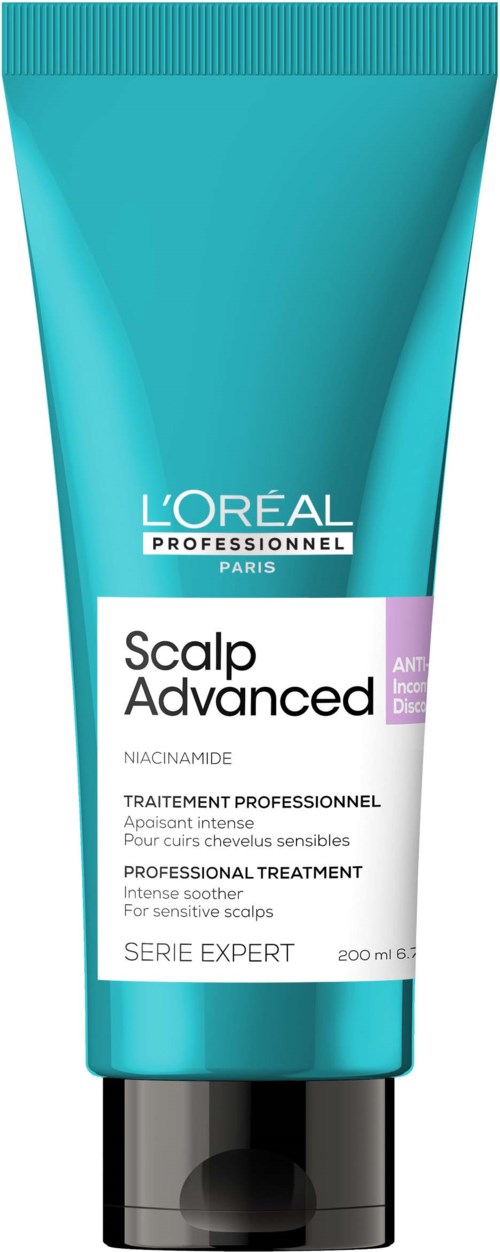 A teal tube of L'Oréal scalp treatment for sensitive hair with black cap, featuring white and purple labels.