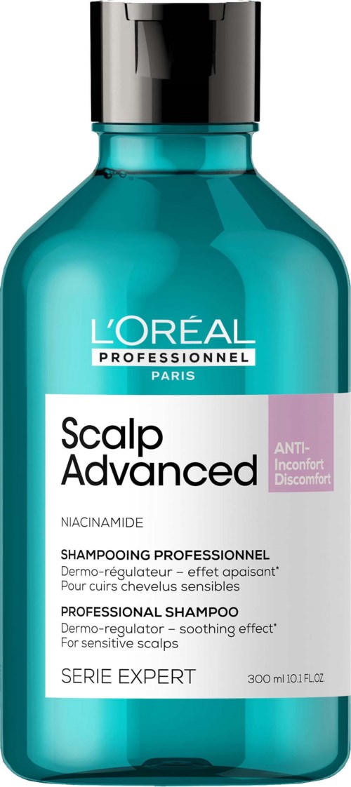 Eine turquoise Flasche L'Oréal Professional Kopfhaushampoo für empfindliche Kopfhaut, gekennzeichnet 'Advanced' und 'Anti-Inconfort Discomfort.'