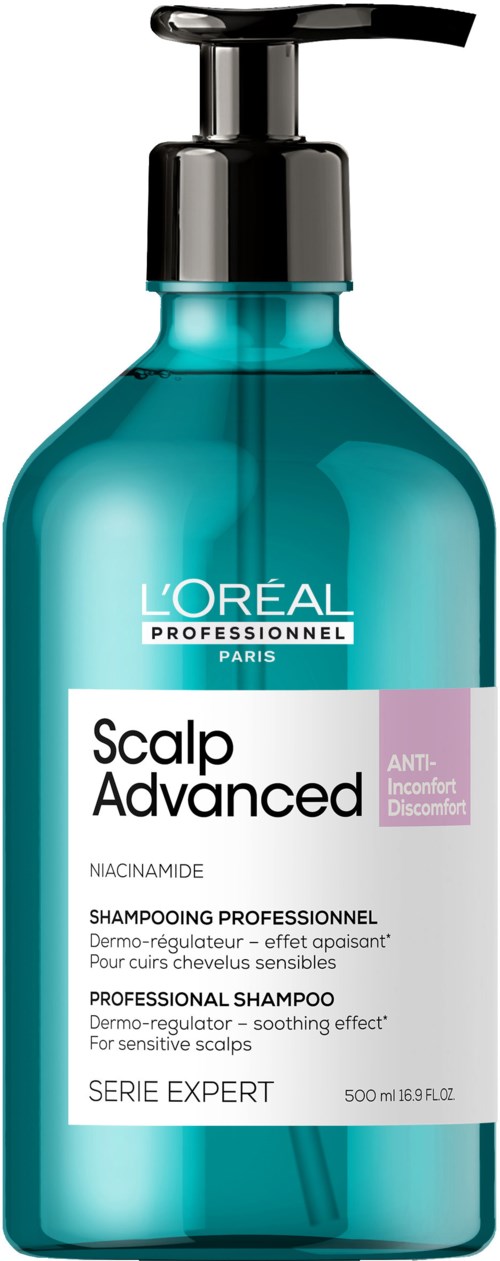Eine türkisfarbene Flasche mit schwarzem Pumpkopf, markiert L'Oréal Professionnel, Shampoo für empfindliche Kopfhaut, 500ml.