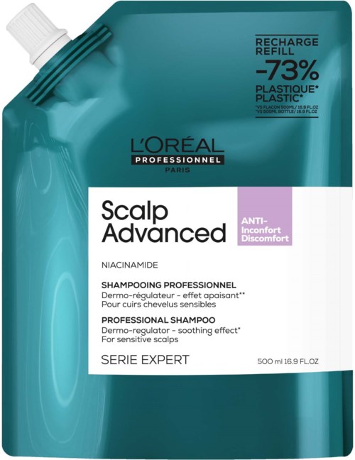 Eine türkisfarbene Nachfüllpackung für L'Oréal Shampoo für empfindliche Kopfhaut und weniger Plastikmüll.