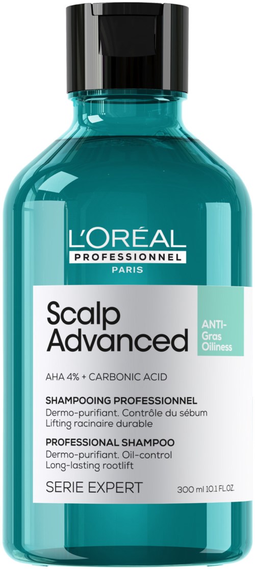 Eine blaue Flasche mit L'Oréal-Shampoo für Kopfhautpflege und Ölkontrolle gegen Fettigkeit.