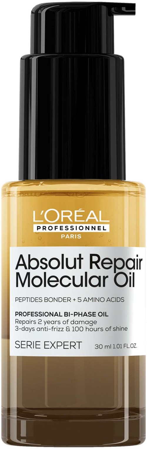 Eine kleine orange Flasche L'Oréal Haarreparaturöl mit schwarzem Pumpkopf.
