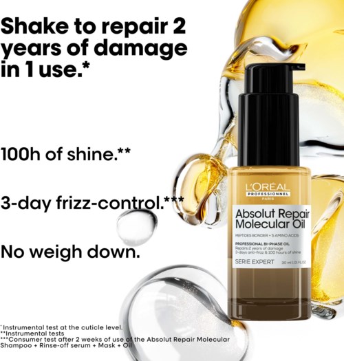 L'Oréal-Shampoo-Flasche mit Text über Schäden, Glanz, Frizz-Kontrolle und ohne Gewicht.