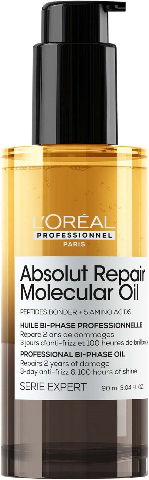Eine Flasche L'Oreal Absolut Repair Molecular Oil für geschädigtes Haar mit Pumpe.