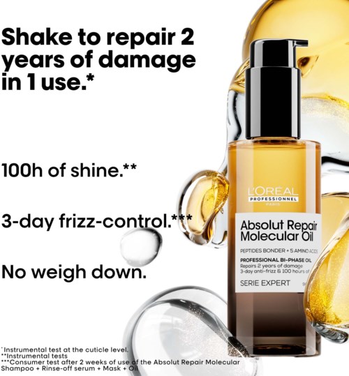 L'Oréal-Produkt verspricht, in einer Anwendung 2 Jahre Schaden zu reparieren, Glanz, Frizz-Kontrolle, ohne Gewicht.
