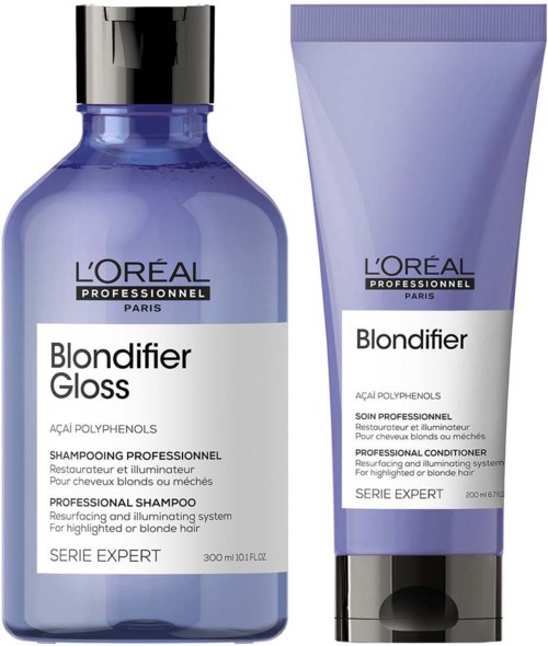 Zwei Haarpflegeprodukte von L'Oréal, Shampoo und Conditioner, für helleres oder blondes Haar.