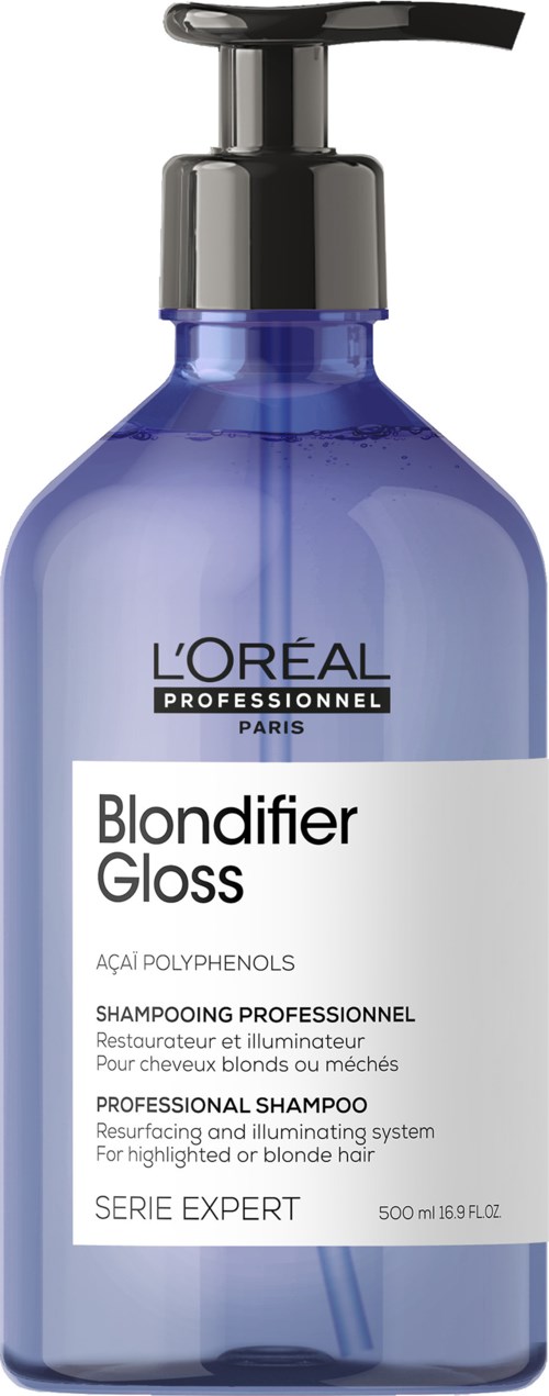 Blaue Shampoo-Flasche mit Pumpe, L'Oréal Professionell Blondifier Gloss für gesträhntes oder blondes Haar.