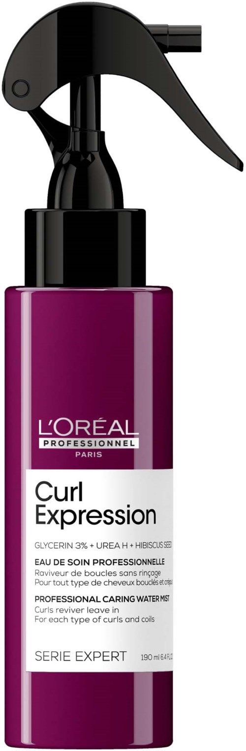 Eine lilafarbene Sprühflasche mit L'Oréal Curl Expression für professionelle Pflege und Styling von Locken.