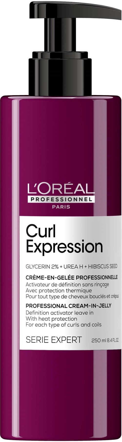 Eine hohe, lila Flasche mit schwarzem Pumpverschluss, gekennzeichnet mit L'Oréal Professionnel Lockcreme für Haare.