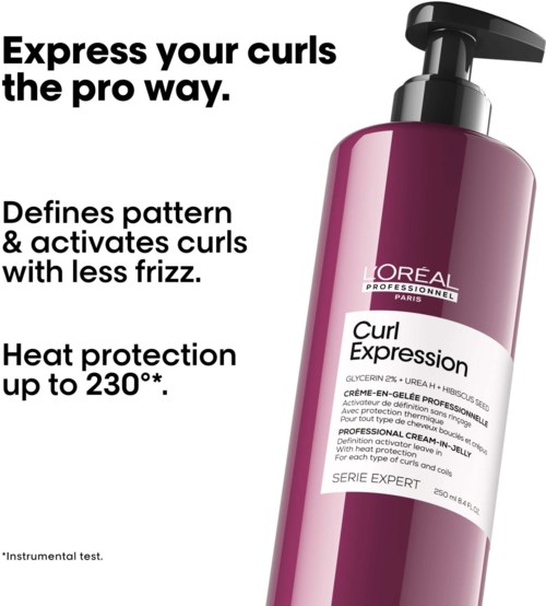 Eine Flasche von L'Oreal Professionnel Lockcreme zeigt die Vorteile für die Definition und den Schutz der Locken.