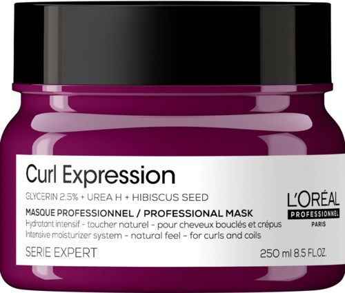 Lila Dose L'Oréal Curl Expression Haarkur mit schwarzem Deckel, für professionelle Nutzung, mit Glycerin, Urea und Hibiskus-Samen.
