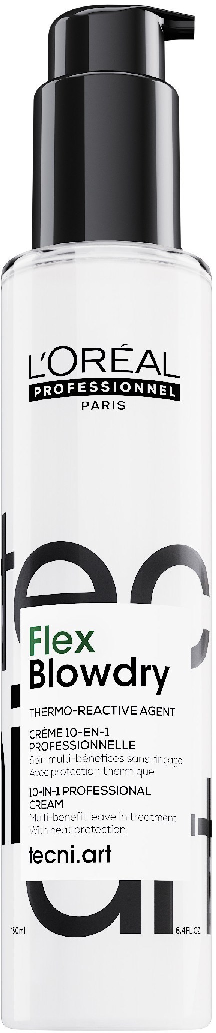 Een witte fles met een zwarte pump die L'Oréal Professionnel Flex Blowdry voor haarstyling aanduidt.
