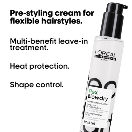 Een heldere flacon haarcrème met pomp, gelabeld voor flexibele stijlen en hittebescherming. Merk is L'Oréal.