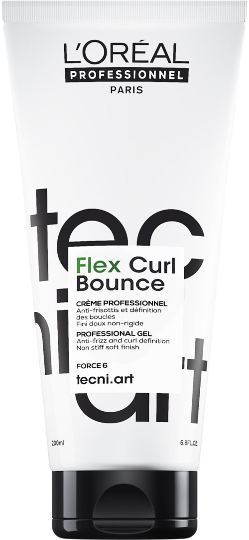 Eine Tube Haargel mit schwarzem und weißem Design, beschriftet 'L'Oreal Professionnel Paris' und 'Flex Curl Bounce'.