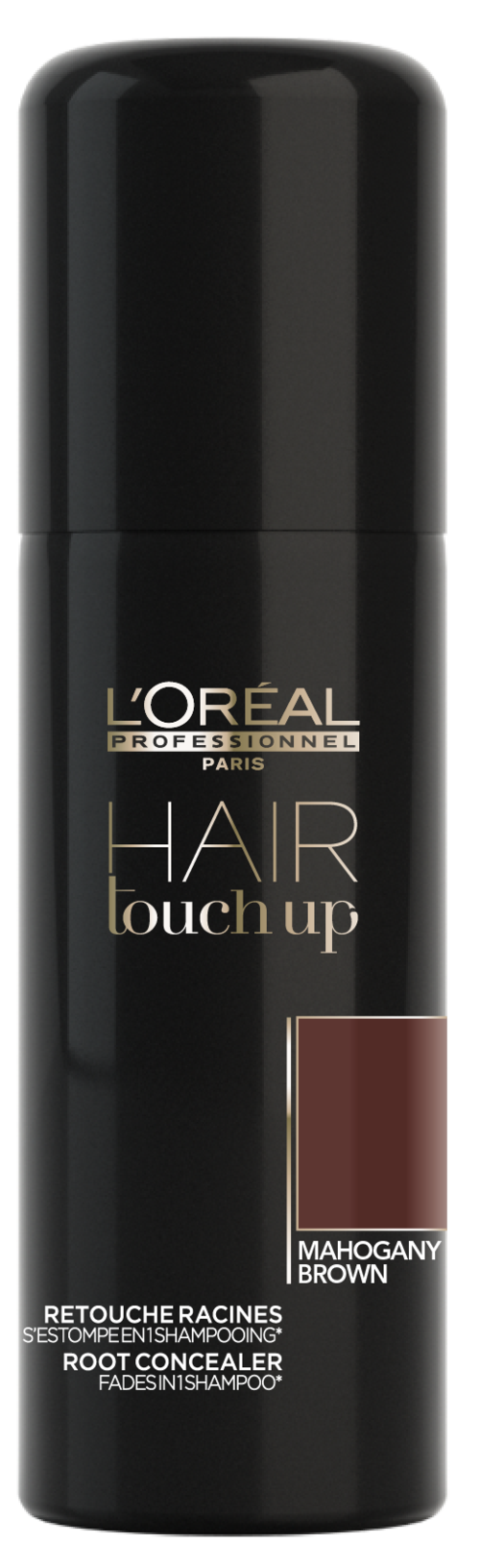 En svart sprayflaska med guld- och vit text, märkt "L'Oréal Professionnel Hair Touch Up" i brunt nyans.