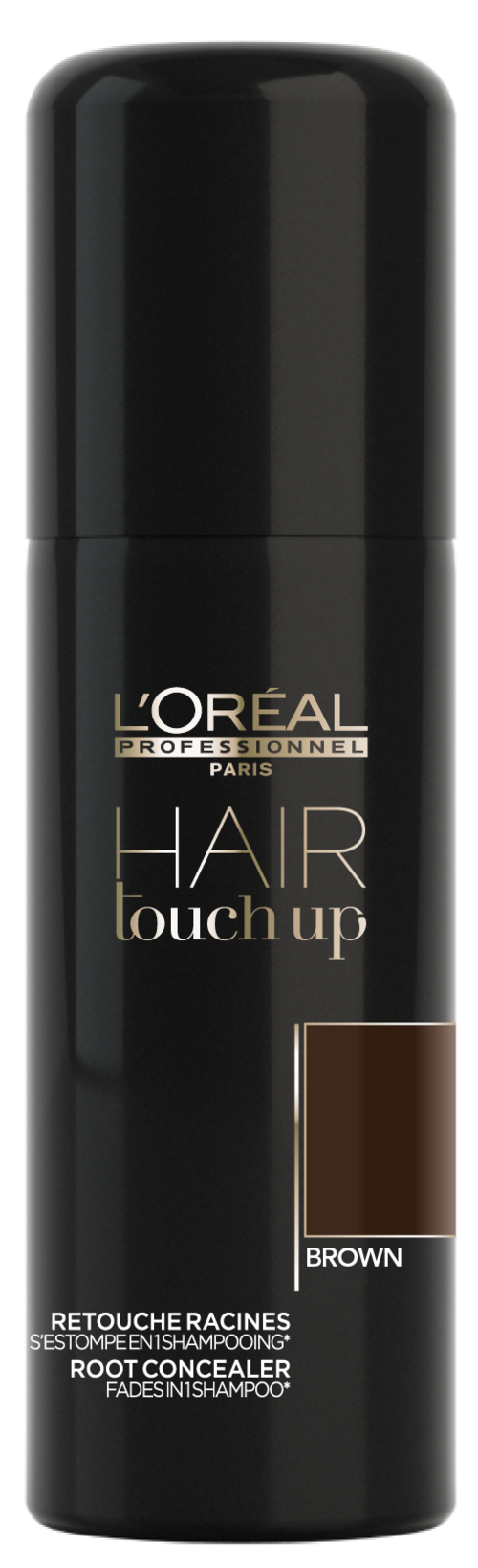 Een zwarte flesje van L'Oréal voor het bijwerken van bruine haarwortels en het verbergen van grijs haar. Het is bedoeld voor wortretouch en grijsdekking.