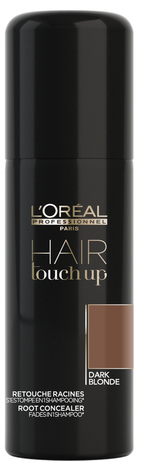 Eine schwarze Flasche L'Oréal Hair Touch Up Spray für dunkelblondes Haar.