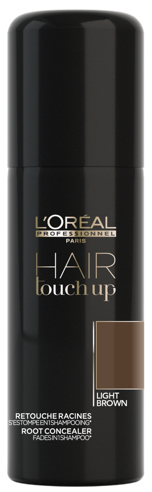Zwarte sprayfles met goud, wit en bruin label voor L'Oréal Hair Touch-up in lichtbruin.