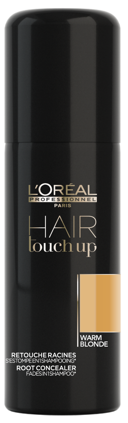 Black can of L'Oreal hair touch-up spray with gold and white labels. It is for roots and dull hair.