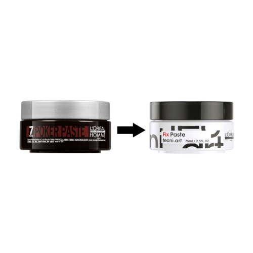 Two jars show a change from red and black ink labeled 'Poker Paste' to white and black labeled 'Fix Paste'.
