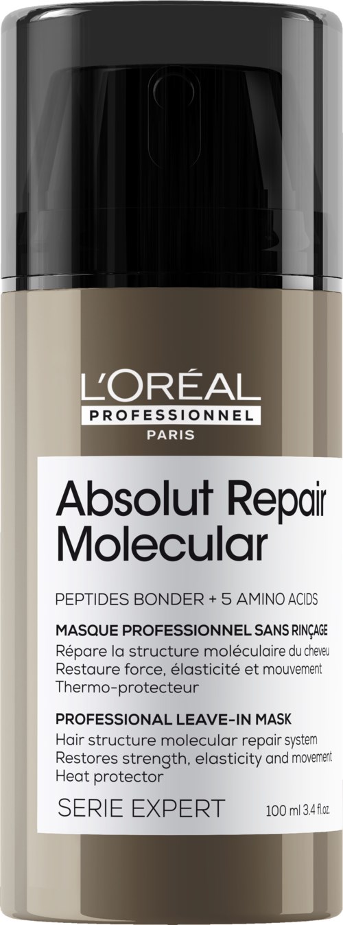 L'Oréal haarmaskerfles met zwarte pomp, wit label en grijsachtig product.