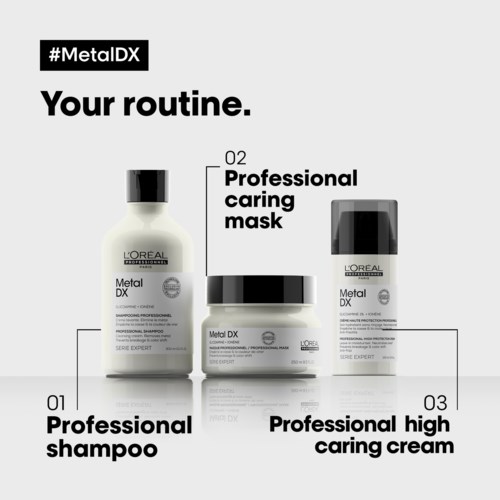 Drei L'Oreal Mineral DX Haarpflegeprodukte: Shampoo, Pflegemaske und Pflegecreme, als professionell gekennzeichnet.