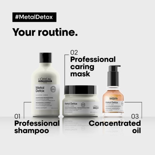 Ein Haarpflegeset mit Shampoo, Maske und Öl für Metall Detox.