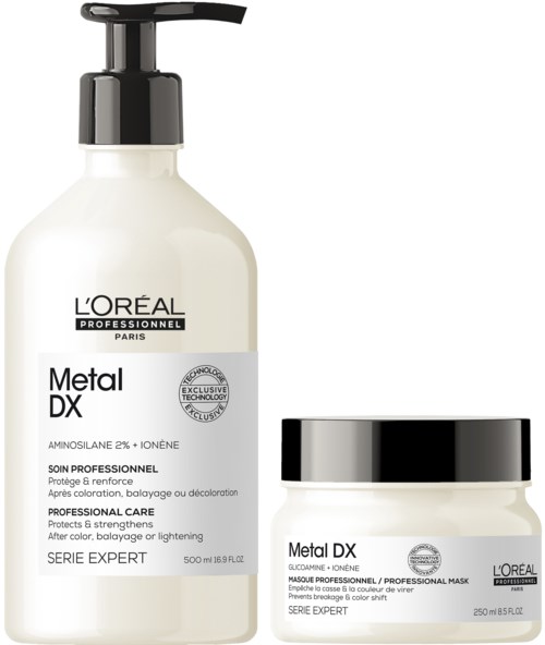 L'Oréal Professionnel Metal DX Shampoo und Maske für Haarpflege, mit schwarzen Deckeln und weißen Flaschen.