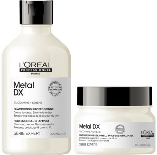 Zwei Flaschen L'Oréal Metal DX Shampoo und Maske für Haarpflege, mit schwarzen Deckeln und weißen Flaschen.