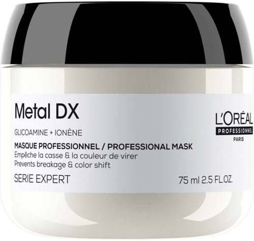 L'Oréal Metal DX professionell mask behållare med etikett som visar produktnamn, beskrivning och storlek, 75 ml.