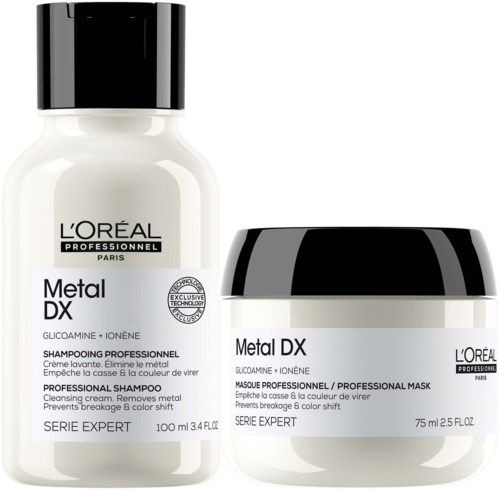 To L'Oréal Metal DX hårprodukter, én sjampo og én maske, i hvite flasker med svarte lokk, etiketten er synlig.