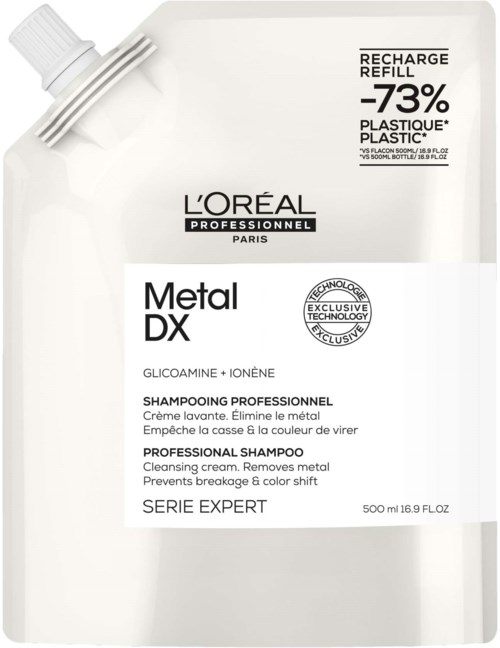 Nachfüllbeutel für L'Oréal Metal DX Profischampoo, entfernt Metall aus Haaren, reduziert Plastik um 73 %. 500 ml.