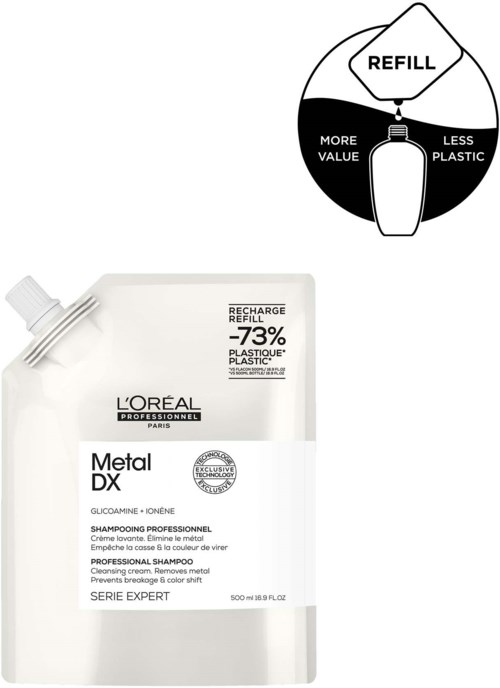Nachfüllbeutel für L'Oréal Metal DX Shampoo mit Diagramm zu umweltfreundlichen Vorteilen von weniger Kunststoff und mehr Wert.