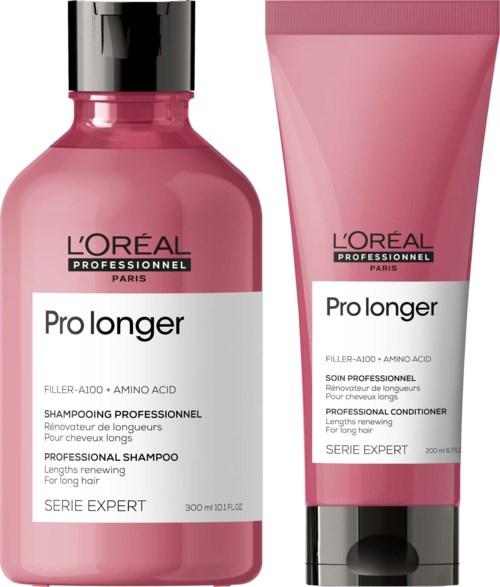 Two pink hair care products: a shampoo and a conditioner from L'Oréal Pro Longer line.