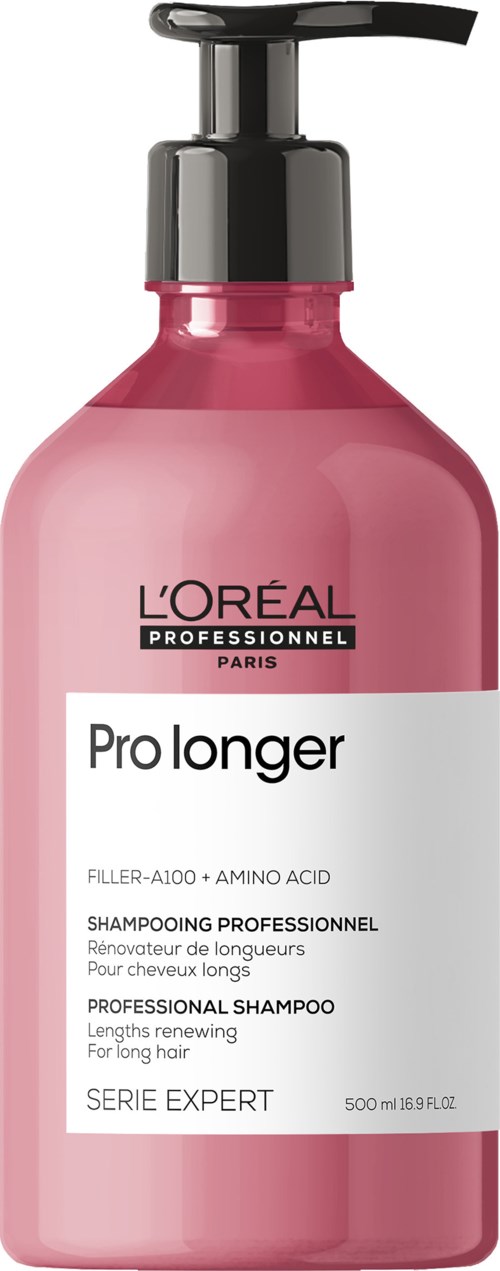 Een roze fles met zwarte pomp, gelabeld als L'Oréal Pro Longer shampoo voor lang haar met aminozuren.