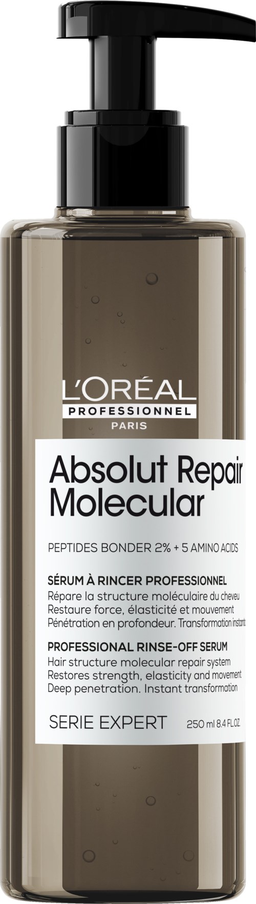 Eine braune Flasche mit schwarzem Pumpaufsatz enthält L'Oréal Haarreparaturserum namens Absolut Repair Molecular für professionelle Verwendung.