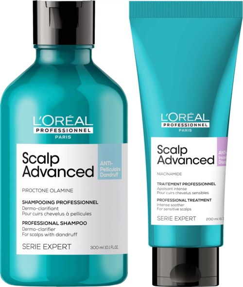 Zwei türkisfarbene L'Oréal-Shampoo-Flaschen für fortgeschrittene Kopfhautpflege, speziell gegen Schuppen und empfindliche Kopfhaut, im professionellen Stil.