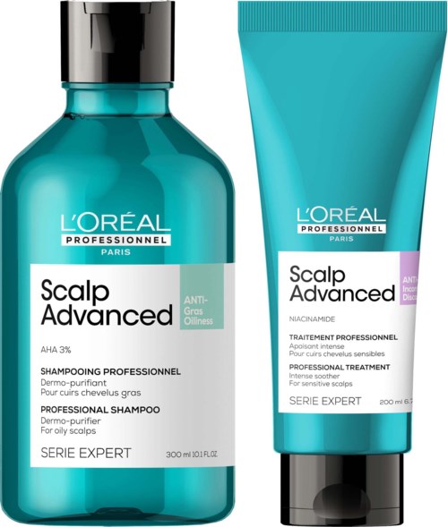 Zwei türkise Haarpflegeprodukte von L'Oréal, ein Shampoo und eine Behandlung, für empfindliche Kopfhaut und fettige Kopfhaut.