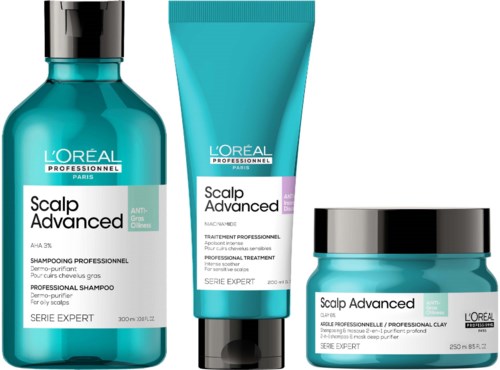 Drei Haarpflegeprodukte von L'Oréal, einschließlich Shampoo, Behandlung und Tonerde-Maske, alle für Kopfhaut und Haargesundheit.