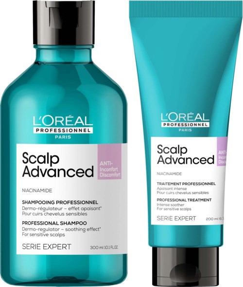 Zwei L'Oréal Kopfhautpflegeprodukte, ein Shampoo und eine professionelle Behandlung, für empfindliche Kopfhaut mit beruhigender Wirkung.