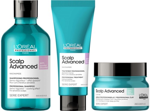 Drei L'Oreal-Hautpflegeprodukte in türkisfarbenen Flaschen und Gläser, für professionelle Behandlung und Kopfhautgesundheit.