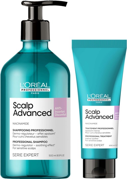 Zwei Haarpflegeprodukte für empfindliche Kopfhaut, gekennzeichnet 'Scalp Advanced' von L'Oréal Professionnel, in blauen Flaschen.